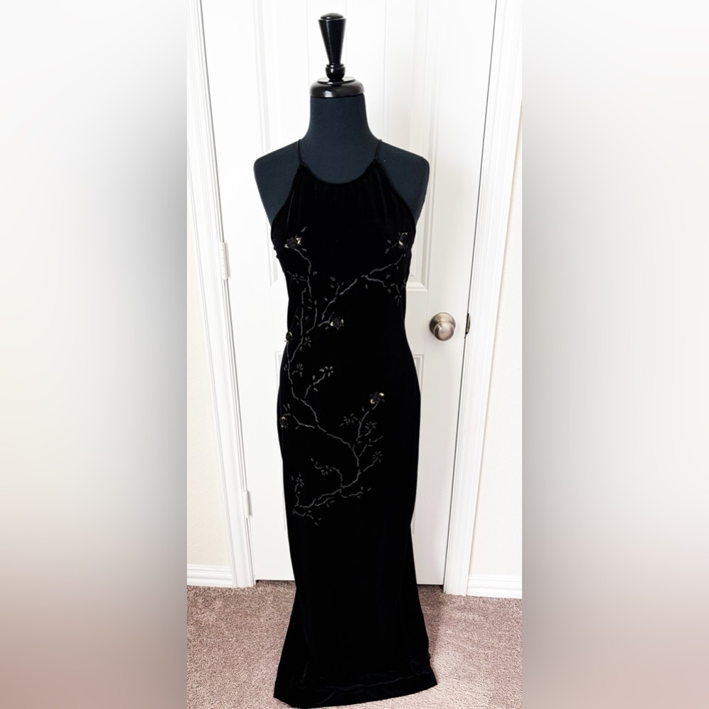 Vintage 90s Roberta Velvet Dress Black Maxi Flowers Vines Size Large